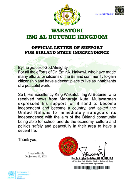 Endorsement of Birland State by Wakatobi Ing Al Butunie Kingdom