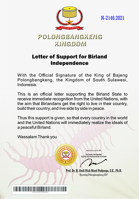 Endorsement of Birland State by Polongbangkeng Kingdom