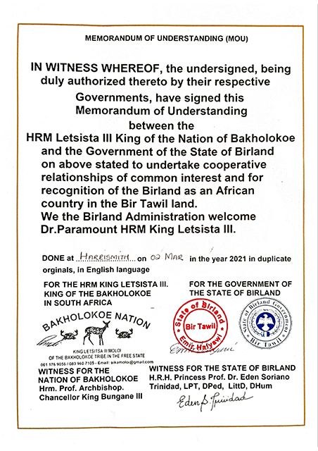Endorsement of Birland State by Monarchy of Bakholokoe Nation