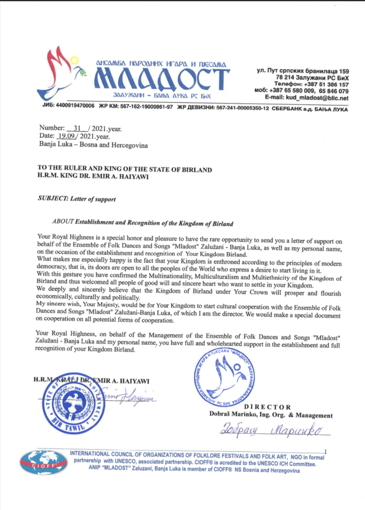 Letter of Support From "Mladost" Bosnian Folklore for Birland State