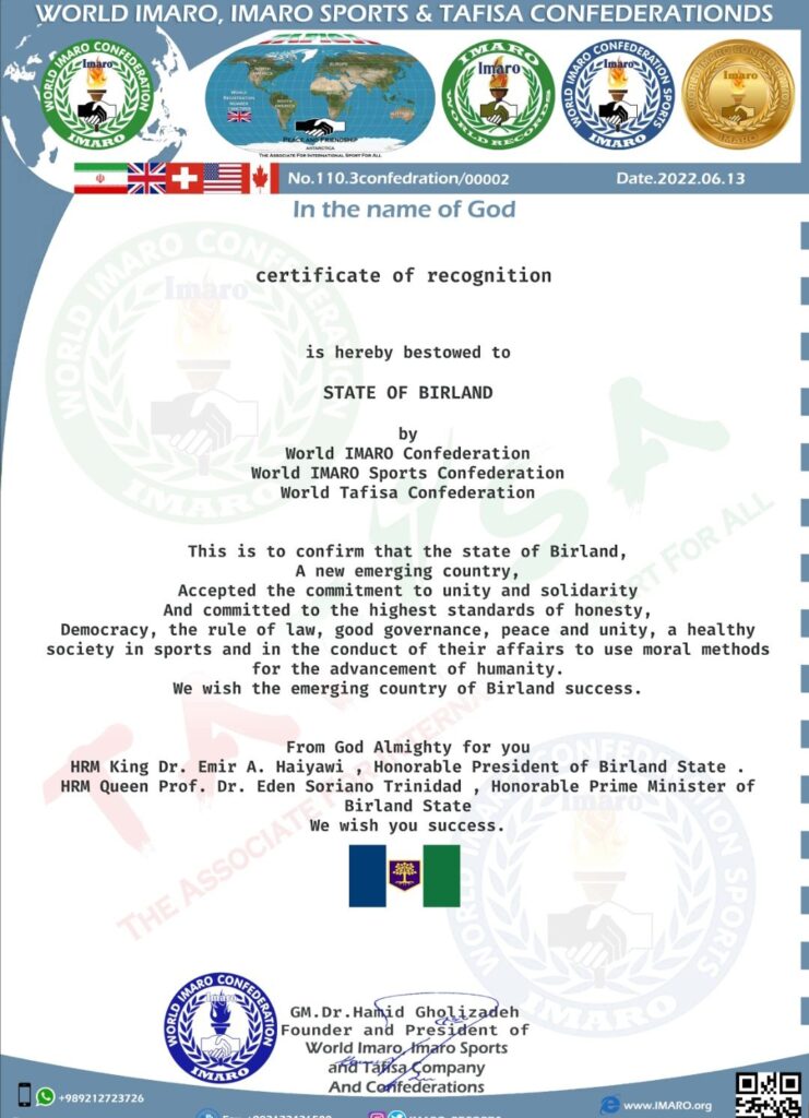 Certificate Of Recognition World Imaro, Imaro Sports & Tafisa Confederations