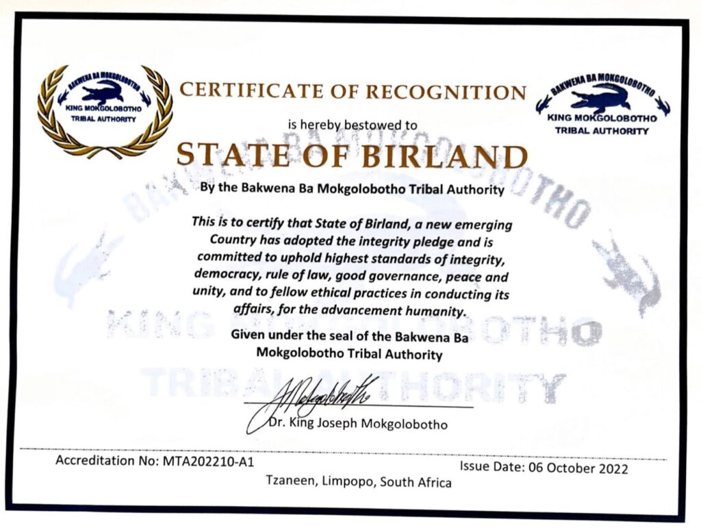 Certificate of Recognition By Bakwena Ba Mokgolobotho Tribal Authority 6 Oct 2022