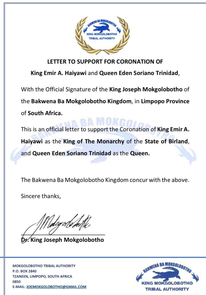 Letter To Support Coronation From Mokgolobotho Tribal Authority