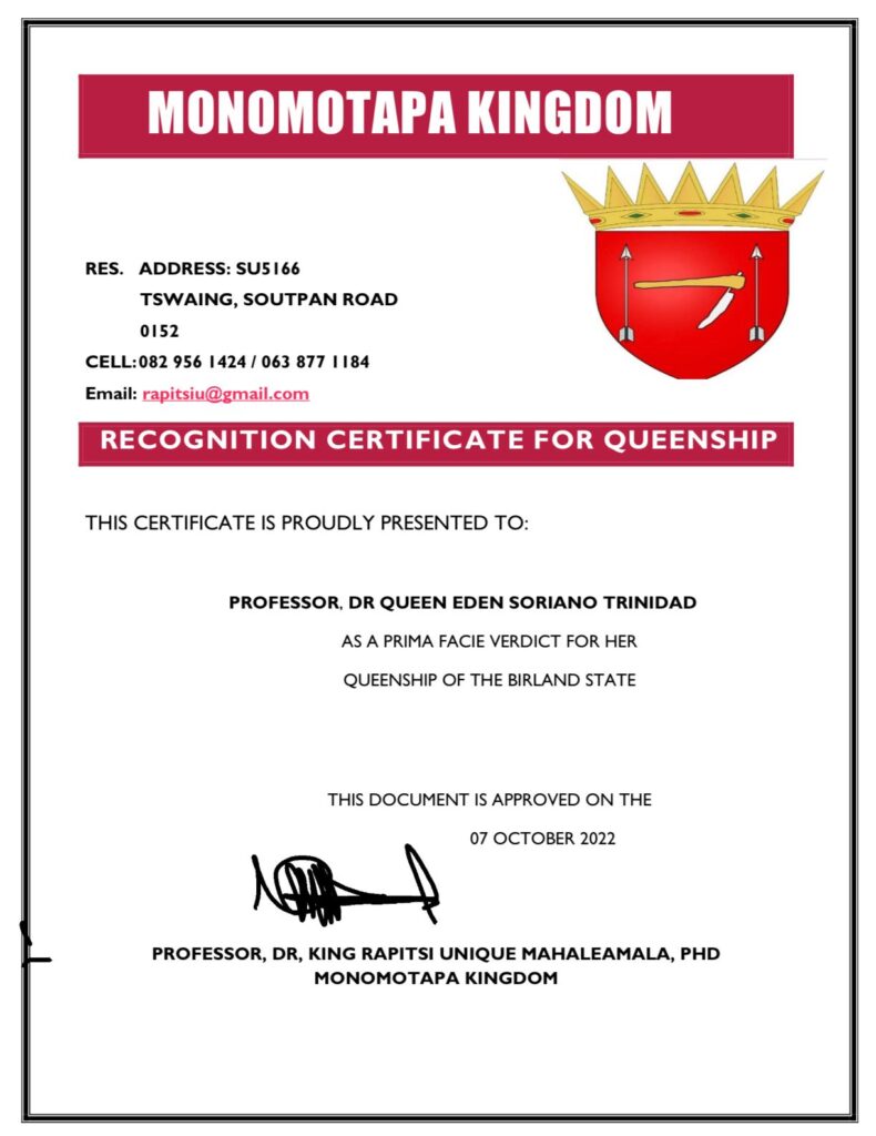 Recognition Certificate of Kingship From Monomotapa Kingdom