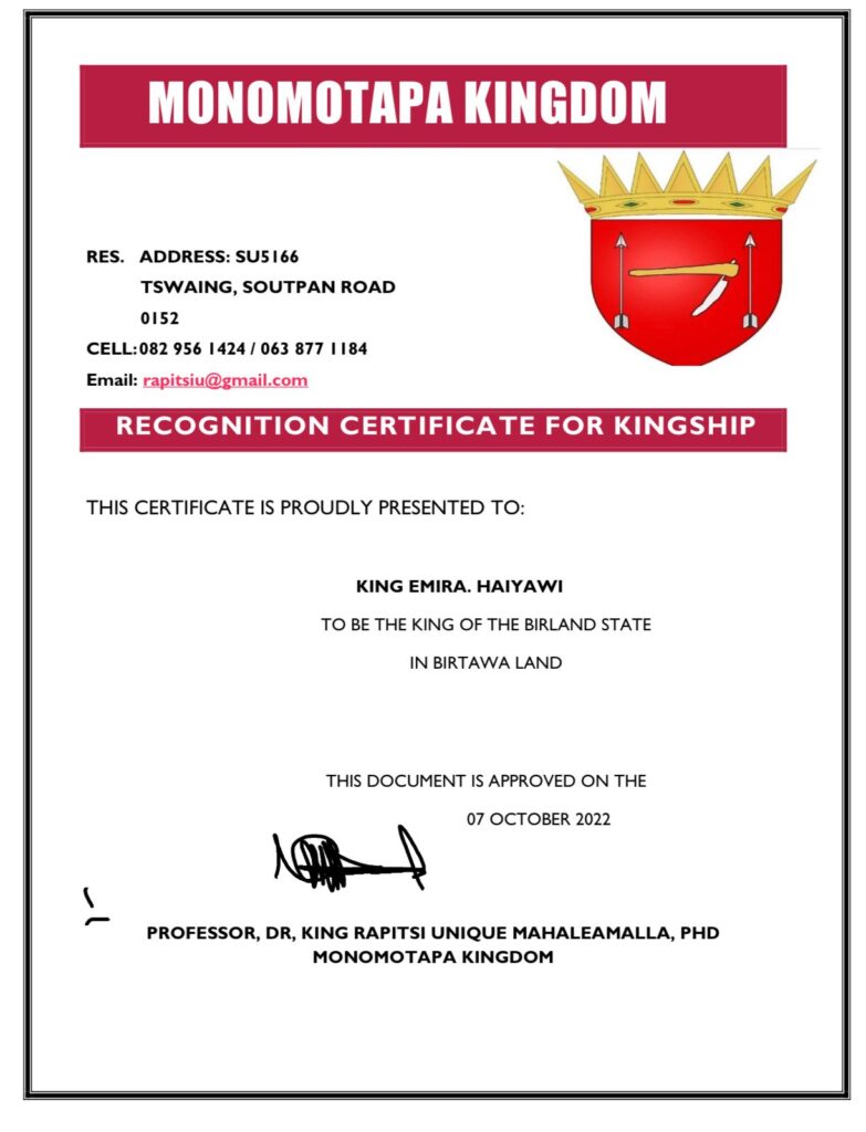 Recognition Certificate of Queenship From Monomotapa Kingdom