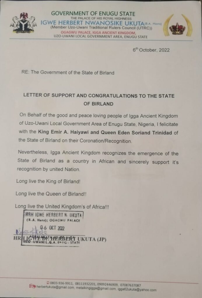 Letter of Support and Congratulations From Government Of Enugu State