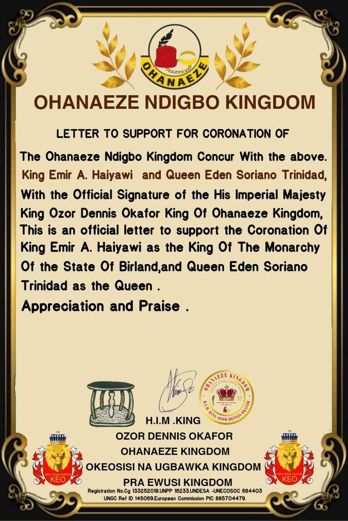 Letter To Support Coronation From Ohanaeze Kingdom