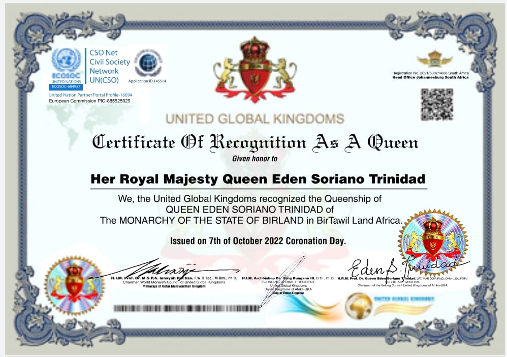 Certificate Of Recognition As Queen From United Kingdoms